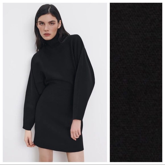 NWT. Zara Black Knit Mini Dress with Gathered Waist. Size L. - Picture 1 of 8